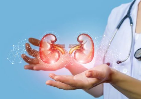 Nurse supports the person's kidney . Nurse supports the person's kidney on a blue background.